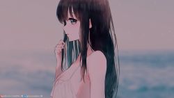 Rule 34 | 1girl, bare shoulders, bikini, black hair, blue hair, blurry, blurry background, blush, breasts, cleavage, closed mouth, dan-98, depth of field, from side, gradient hair, highres, inoue takina, long hair, looking at viewer, looking to the side, lycoris recoil, medium breasts, multicolored hair, profile, purple eyes, sideways glance, solo, swimsuit, upper body, white bikini