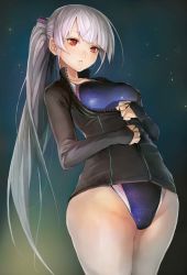 Rule 34 | 1girl, competition swimsuit, highres, jacket, one-piece swimsuit, original, ponytail, red eyes, silver hair, solo, swimsuit, swimsuit under clothes, taishi (picchiridou), tsuru-chan, unzipping