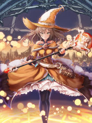 Rule 34 | 1girl, absurdres, bad id, bad pixiv id, black legwear, book, brown eyes, brown hair, grimoire, h2o (dfo), hat, hat belt, highres, holding, holding staff, looking at viewer, magic circle, magical girl, orange hat, original, potion, solo, staff, standing, test tube, witch, witch hat