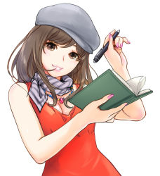 Rule 34 | 1girl, book, brown eyes, brown hair, carina (xiaowoo), dress, hat, jewelry, nail polish, necklace, original, pen, pink nails, red dress, scarf, smile, solo