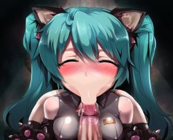 Rule 34 | 00s, 1boy, 1girl, :&gt;=, animal ears, aqua hair, blush, breasts, censored, closed eyes, cum, drooling, erection, fellatio, hatsune miku, hetero, highres, licking, long hair, mosaic censoring, oral, panties, penis, saliva, silly (marinkomoe), striped clothes, striped panties, tongue, twintails, underwear, upper body, vocaloid