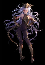 Rule 34 | 1girl, absurdres, armored boots, bare shoulders, black background, black bodysuit, bodysuit, boots, brown footwear, closed mouth, commentary request, contrapposto, covered navel, floating hair, gauntlets, granblue fantasy, hair between eyes, hands on own hips, headpiece, highres, knee boots, long hair, looking at viewer, purple hair, red eyes, shingeki no bahamut, shoe soles, signature, simple background, solo, standing, swd3e2, tail, v-shaped eyebrows, very long hair