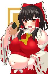 Rule 34 | 1girl, absurdres, bare shoulders, black hair, blush, bow, breasts, commentary request, detached sleeves, fat, food, frilled bow, frilled hair tubes, frills, hair between eyes, hair bow, hair tubes, hakurei reimu, highres, holding, holding food, jaggy lines, large breasts, long hair, long sleeves, looking at viewer, midriff, navel, nerizou, open hand, open mouth, red bow, red eyes, red skirt, ribbon-trimmed sleeves, ribbon trim, sidelocks, simple background, skirt, solo, thick arms, touhou, upper body, white background, wide sleeves, yellow background