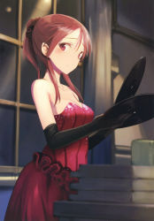 Rule 34 | 1girl, absurdres, bare shoulders, black gloves, blush, breasts, character name, cleavage, collarbone, dress, elbow gloves, gloves, highres, holding, long hair, medium breasts, minna-dietlinde wilcke, non-web source, ponytail, record, red dress, red eyes, red hair, scan, shimada fumikane, solo, strapless, strapless dress, strike witches, world witches series