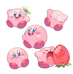 Rule 34 | :o, blue eyes, blush, blush stickers, closed eyes, closed mouth, food, food on face, food on head, frown, fruit, kirby, kirby&#039;s dream buffet, kirby (series), leaf, looking at viewer, multiple views, mutekyan, nintendo, no humans, object on head, open mouth, parted lips, sad, smile, strawberry, sweatdrop, whipped cream, white background, wide-eyed