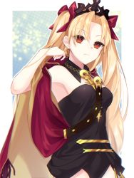 Rule 34 | 1girl, armpits, bare shoulders, between breasts, black detached collar, black dress, black leotard, blonde hair, breasts, cape, cleavage, closed mouth, commentary request, crown, detached collar, dress, earrings, ereshkigal (fate), eyes visible through hair, fate/grand order, fate (series), female focus, hair ribbon, hand up, highres, hoop earrings, jewelry, leotard, long hair, looking at viewer, medium breasts, mtgomi 3, neck, orange eyes, parted bangs, red cape, red ribbon, ribbon, serious, short dress, skull, solo, strapless, strapless dress, tohsaka rin, two side up, type-moon
