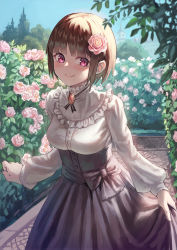Rule 34 | 1girl, blunt bangs, blush, bow, brown hair, brown skirt, buttons, closed mouth, commentary request, day, eyelashes, flower, frills, gomashiwo o, hair flower, hair ornament, hedge, highres, holding, holding clothes, holding skirt, long sleeves, looking at viewer, original, outdoors, pink eyes, pink flower, rose, short hair, skirt, sky, smile, solo, standing
