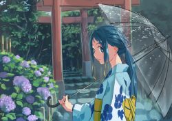 Rule 34 | 1girl, absurdres, alternate costume, alternate hairstyle, blue eyes, blue hair, floral print, flower, from side, gradient hair, highres, holding, holding umbrella, hydrangea, japanese clothes, kantai collection, kimono, laminar flow, long hair, looking at viewer, multicolored hair, ponytail, rain, samidare (kancolle), solo, torii, transparent, transparent umbrella, umbrella, upper body, yukata