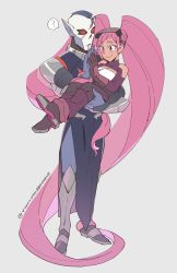Rule 34 | 1boy, 1girl, absurdly long hair, boots, breasts, carrying, cleavage, entrapta, grey background, highres, hordak, long hair, looking at another, mask, mask on head, masters of the universe, monster boy, pointy ears, prehensile hair, princess carry, purple hair, red eyes, she-ra and the princesses of power, smile, twintails, very long hair, welding mask, yutaka7