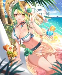Rule 34 | 1girl, antlers, beach, bikini, blue sky, bracelet, breasts, ceres fauna, cleavage, flower, food, fruit, green hair, halterneck, hanh chu, hat, highres, hololive, hololive english, horns, jewelry, large breasts, necklace, ocean, see-through, sky, solo, string bikini, swimsuit, virtual youtuber, white bikini, yellow eyes