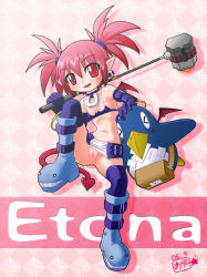 Rule 34 | &gt; &lt;, 00s, 1girl, artist request, bat wings, bird, blue footwear, blue thighhighs, blush, boots, censored, character name, choker, creature, dated, demon tail, disgaea, earrings, etna (disgaea), closed eyes, jewelry, knee boots, makai senki disgaea, no panties, penguin, pink background, pointy ears, prinny, pussy, red eyes, red hair, short hair, signature, smile, solo, spiked hair, tail, thighhighs, twintails, weapon, wings