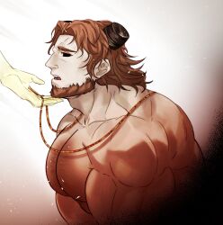 Rule 34 | 1boy, 1other, bara, beard, black sclera, broken horn, brown hair, colored sclera, eric bloodaxe (fate), facial hair, fate/grand order, fate (series), from side, full beard, hand on another&#039;s chin, highres, horns, jewelry, large pectorals, loboke, long hair, looking ahead, male focus, mature male, monster boy, muscular, muscular male, necklace, nipples, pectorals, profile, red eyes, solo focus, thick beard, thick chest hair, thick eyebrows, upper body, v arms
