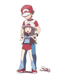 Rule 34 | &gt;:o, 1boy, 1girl, agata (agatha), age difference, bad id, bad twitter id, baseball cap, breasts, brown hair, creatures (company), game freak, hat, height difference, leaf (pokemon), leg warmers, medium breasts, nintendo, pokemon, pokemon frlg, pokemon sm, red (pokemon), red hat, red skirt, shirt, shoes, short sleeves, simple background, skirt, sleeveless, sleeveless shirt, unworn shoes, v-shaped eyebrows, white background, white footwear, white hat