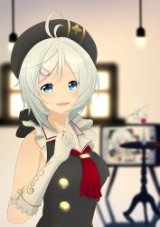Rule 34 | .live, 1girl, :d, absurdres, antenna hair, bad id, bad pixiv id, beret, black dress, black hat, blue eyes, blurry, blurry background, breasts, cat hair ornament, choco (chocovix112), collarbone, depth of field, dress, elbow gloves, gloves, hair ornament, hand up, hat, highres, looking at viewer, medium breasts, open mouth, parted bangs, red neckwear, silver hair, dennou shoujo siro, sleeveless, sleeveless dress, smile, solo, table, television, virtual youtuber, white gloves, window