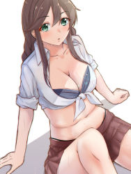 Rule 34 | 1girl, aga marino, bad id, bad twitter id, bikini, black bikini, braid, breasts, brown hair, brown skirt, cleavage, commentary request, green eyes, kantai collection, large breasts, long sleeves, looking at viewer, noshiro (kancolle), pleated skirt, shadow, shirt, simple background, sitting, skirt, skirt hold, sleeves rolled up, solo, stomach, swept bangs, swimsuit, twin braids, white background, white shirt