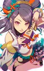 Rule 34 | 1girl, aduti momoyama, bead necklace, beads, breasts, fire emblem, fire emblem fates, fire emblem heroes, foreshortening, hand fan, highres, jewelry, legs, long hair, long sleeves, looking at viewer, medium breasts, midriff, navel, necklace, nintendo, official alternate costume, orochi (fire emblem), orochi (winds offered) (fire emblem), parted lips, perspective, pinwheel hair ornament, purple eyes, purple hair, smile, solo