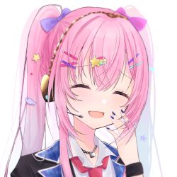 Rule 34 | 1girl, black jacket, blue nails, borrowed design, bow, bowtie, chain necklace, closed eyes, commentary, fish hair ornament, hair bow, hair ornament, hairband, hairclip, hand on own cheek, hand on own face, headset, highres, jacket, jewelry, leo/need luka, light blush, long hair, megurine luka, nail polish, necklace, necktie, omugohan, open mouth, pink bow, pink bowtie, pink hair, portrait, project sekai, purple bow, purple bowtie, red necktie, smile, solo, star (symbol), star hair ornament, twintails, vocaloid, wristband