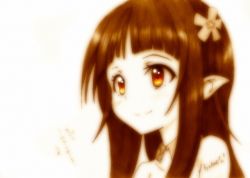 Rule 34 | 10s, 1girl, bare shoulders, blush, child, flower, godees, graphite (medium), hair flower, hair ornament, long hair, looking away, monochrome, pointy ears, portrait, sepia, signature, smile, solo, sword art online, traditional media, yui (sao), yui (sao-alo)