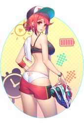 Rule 34 | 1girl, ass, ass cutout, back, baseball cap, bra, breasts, butt crack, clothes pull, clothing cutout, ear piercing, earrings, gem, hat, headpiece, heart cutout, highres, holding, holding clothes, holding footwear, jewelry, looking at viewer, looking back, nintendo, panties, parted lips, piercing, pyra (xenoblade), red eyes, red hair, shoes, short hair, short shorts, shorts, shorts pull, sneakers, solo, sports bra, swept bangs, tiara, towel, underwear, w2398510474, white panties, wristband, xenoblade chronicles (series), xenoblade chronicles 2