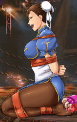 Rule 34 | 2girls, arms behind back, ass, bdsm, bondage, bound, bound ankles, bound arms, bound legs, bound wrists, breasts, brown eyes, brown hair, bun cover, capcom, chain, chinese clothes, chun-li, double bun, from side, hair bun, han juri, highres, kneeling, large breasts, laughing, legs, long legs, looking at viewer, lost one zero, multiple girls, nail polish, open mouth, pantyhose, seiza, short hair, sitting, street fighter, sweat, tape, tape bondage, tickling