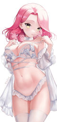 Rule 34 | 1girl, bra, breasts, choker, commentary, cowboy shot, curly hair, eden (shiroki yuutsu), english commentary, flower, flower-shaped hair, frilled panties, frills, groin, hands up, highres, large breasts, long sleeves, looking at viewer, medium hair, nail polish, navel, nightgown, off shoulder, open clothes, original, panties, pink hair, see-through, skindentation, solo, strap slip, thighhighs, toned, underwear, white background, white bra, white nightgown, white panties, white thighhighs, yellow eyes