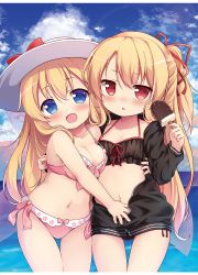 Rule 34 | 2girls, :d, :o, baku-p, bare arms, bare shoulders, bikini, black bikini, black jacket, blonde hair, blue eyes, blue sky, blush, bow, breasts, cleavage, cloud, cloudy sky, commentary request, day, fairy wings, food, gluteal fold, hair between eyes, hair ribbon, hat, hat bow, highres, holding, holding food, horizon, ice cream, jacket, lily black, lily white, long hair, long sleeves, medium breasts, multiple girls, navel, ocean, one side up, open clothes, open jacket, open mouth, outdoors, parted lips, pink bikini, pink wings, red bow, red eyes, red ribbon, ribbon, sky, small breasts, smile, sun hat, swimsuit, thigh gap, touhou, transparent wings, very long hair, water, white headwear, wings