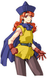 Rule 34 | 1girl, alena (dq4), cape, closed mouth, curly hair, dragon quest, dragon quest iv, dress, earrings, gloves, hat, jewelry, long hair, looking at viewer, orange hair, pantyhose, qkat (arikawa-dou), red eyes, simple background, skirt, smile, solo, square enix, white background