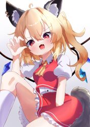 Rule 34 | 1girl, absurdres, ahoge, animal ears, ascot, claw pose, cowboy shot, crystal wings, flandre scarlet, fox ears, fox girl, fox tail, highres, iris (airisu495), open mouth, red eyes, simple background, solo, tail, touhou, white background, yellow ascot