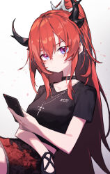 Rule 34 | 1girl, absurdres, arknights, beudelb, black collar, black horns, black shirt, blue eyes, blush, closed mouth, collar, commentary, crop top, cross, cross necklace, demon horns, hair ornament, half updo, highres, holding, holding phone, horns, jewelry, looking at viewer, midriff peek, miniskirt, necklace, official alternate costume, official alternate hairstyle, phone, ponytail, red hair, red skirt, shirt, short sleeves, sitting, skirt, slit pupils, solo, surtr (arknights), surtr (liberte echec) (arknights)