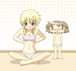 Rule 34 | 2girls, :q, artist request, blonde hair, blush, breast envy, breasts, cleavage, hidamari sketch, indoors, long hair, medium hair, miyako (hidamari sketch), multiple girls, navel, open mouth, skindentation, smile, tongue, tongue out, topless, undersized clothes, underwear, underwear only, yuno (hidamari sketch)
