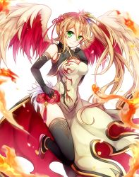 Rule 34 | 1girl, bird wings, black gloves, black thighhighs, breasts, brown hair, china dress, chinese clothes, cleavage, commentary request, dress, elbow gloves, fire, flower, gloves, green eyes, hand on own hip, highres, kanataww, leilan (p&amp;d), long hair, medium breasts, puzzle &amp; dragons, side ponytail, side slit, smile, solo, thighhighs, vest, wings