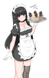 Rule 34 | 1girl, absurdres, alternate costume, apron, asymmetrical legwear, black dress, black hair, black thighhighs, breasts, cleavage, dress, enmaided, frilled apron, frills, gloves, hair ribbon, highres, isokaze (kancolle), kantai collection, large breasts, long hair, looking at viewer, maid, maid headdress, maru (marg0613), one-hour drawing challenge, red eyes, ribbon, single thighhigh, solo, standing, stargazy pie, thighhighs, tress ribbon, white apron, white gloves