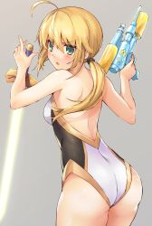 Rule 34 | 1girl, absurdres, artoria pendragon (all), artoria pendragon (fate), artoria pendragon (swimsuit archer) (fate), artoria pendragon (swimsuit archer) (third ascension) (fate), ass, blonde hair, casual one-piece swimsuit, commentary request, cowboy shot, excalibur (fate/stay night), fate/grand order, fate/stay night, fate/zero, fate (series), from behind, gold trim, green eyes, grey background, highres, looking back, looking to the side, low ponytail, one-piece swimsuit, ponytail, saber (fate), samoore, simple background, solo, strapless, strapless one-piece swimsuit, super soaker, swimsuit, sword, two-tone swimsuit, water gun, weapon
