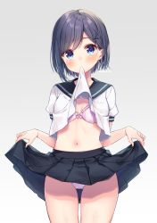 Rule 34 | 1girl, black hair, black sailor collar, black skirt, blue eyes, blush, bow, bow bra, bra, breasts, clothes in mouth, clothes lift, commentary request, cowboy shot, kisukekun, lifted by self, looking at viewer, medium breasts, midriff, mouth hold, navel, original, panties, pink bra, pleated skirt, purple bra, purple panties, sailor collar, school uniform, serafuku, shirt, shirt in mouth, short hair, short sleeves, skirt, skirt lift, solo, standing, underwear, white shirt