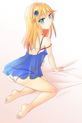 Rule 34 | 1girl, arc system works, ass, bare shoulders, barefoot, bed, blazblue, blonde hair, bra, breasts, butt crack, camisole, frilled panties, frills, from behind, gradient background, hair ornament, highres, long hair, looking at viewer, looking back, mutsuki yui, noel vermillion, open mouth, panties, parted lips, shiny skin, solo, underwear