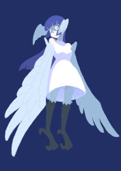 Rule 34 | 1girl, absurdres, bird, bird legs, blue background, blue eyes, blue hair, blue theme, blunt bangs, commentary, dress, english commentary, feathered wings, feathers, harpy, head wings, highres, long hair, mixed-language commentary, monster girl, original, solo, talons, tsuki no waguma, white dress, white feathers, winged arms, wings