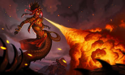 Rule 34 | 1girl, 2others, alternate costume, ambiguous gender, armlet, armor, belt, bracelet, breasts, breath weapon, breathing fire, cassiopeia (league of legends), cleavage, commentary, dark-skinned female, dark skin, embers, english commentary, fire, full armor, hair ornament, highres, jewelry, lamia, large breasts, league of legends, monster girl, multiple others, navel, outdoors, red hair, red skirt, signature, skirt, solo focus, thorsten erdt