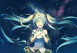 Rule 34 | 1girl, :d, bare shoulders, black skirt, blue eyes, blue hair, blue necktie, breasts, clothes lift, commentary, detached sleeves, english commentary, floating hair, hands on own chest, hatsune miku, highres, long hair, ludou maomao, medium breasts, necktie, night, night sky, open mouth, pleated skirt, shirt, skirt, skirt lift, sky, sleeveless, sleeveless shirt, smile, solo, star (sky), starry sky, teeth, twintails, upper body, upper teeth only, very long hair, vocaloid, white shirt