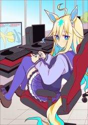 Rule 34 | 1girl, ahoge, animal ears, blonde hair, blue eyes, brown footwear, chair, colored inner hair, commentary request, computer, controller, expressionless, gradient hair, highres, holding, holding controller, horse ears, horse tail, indoors, keyboard (computer), knees up, loafers, long hair, long sleeves, looking at viewer, monitor, mouse (computer), multicolored hair, neo universe (umamusume), office chair, petticoat, playing games, pleated skirt, purple eyes, purple serafuku, purple shirt, purple skirt, school uniform, serafuku, shirt, shoes, sitting, skirt, solo, streaked hair, swivel chair, tail, thighhighs, tracen school uniform, two-tone hair, umamusume, wahiko (black bastard), window, winter uniform