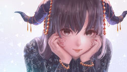Rule 34 | 1girl, beads, black eyes, black hair, closed mouth, facial mark, hair between eyes, hair ornament, highres, horn ornament, horns, lips, long hair, looking at viewer, original, sakimori (hououbds), simple background, smile, solo, upper body