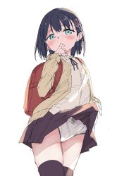 Rule 34 | 1girl, backpack, bad id, bad pixiv id, bag, black hair, black ribbon, black skirt, blue eyes, blush, brown cardigan, cardigan, clothes lift, collared shirt, commentary request, dress shirt, gyuunyuu nomio, hair ornament, hand to own mouth, hand up, highres, lifting own clothes, long sleeves, looking at viewer, neck ribbon, open cardigan, open clothes, original, panties, pleated skirt, randoseru, ribbon, romaji commentary, romaji text, shirt, simple background, sketch, skirt, skirt lift, solo, underwear, white background, white panties, white shirt