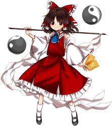 Rule 34 | 1girl, ascot, black footwear, blue ascot, blue eyes, bow, brown hair, closed mouth, detached sleeves, full body, gohei, hair bow, hair tubes, hakurei reimu, highres, holding, imperishable night, keiki8296, looking at viewer, nontraditional miko, ofuda, red bow, red eyes, red shirt, red skirt, ribbon-trimmed sleeves, ribbon trim, shide, shirt, short hair, sidelocks, simple background, skirt, smile, socks, solo, touhou, white background, white socks, wide sleeves, yin yang