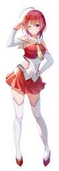Rule 34 | 1girl, ahoge, arm up, bare shoulders, blush, breasts, brown eyes, collarbone, grin, hair between eyes, hand on own hip, highres, long sleeves, one eye closed, original, pleated skirt, purple eyes, red footwear, red shirt, red skirt, sailor collar, salute, shirt, shoes, simple background, skirt, small breasts, smile, solo, thighhighs, white background, white sailor collar, white thighhighs, yatomi