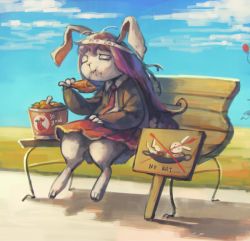 Rule 34 | 1girl, animal ears, bench, bird, rabbit ears, carrot, chicken, commentary, eating, fried chicken, koto inari, park, reisen udongein inaba, touhou