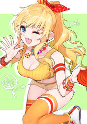 Rule 34 | 1girl, absurdres, artist name, bead bracelet, bead necklace, beads, blonde hair, blue eyes, bow, bra strap, bracelet, breasts, candy, cleavage, collarbone, crop top, earrings, eyeshadow, food, green background, gyaru, hair bow, highres, idolmaster, idolmaster cinderella girls, jewelry, large breasts, lollipop, long hair, makeup, maou (demonlord), midriff, nail polish, necklace, ohtsuki yui, one eye closed, orange eyeshadow, orange nails, orange thighhighs, shoes, short shorts, shorts, sidelocks, simple background, sneakers, solo, star (symbol), striped clothes, striped thighhighs, swirl lollipop, thighhighs, thighs, waving, wavy hair, wristband