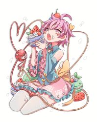 Rule 34 | 1girl, ahoge, blouse, blue shirt, blueberry, blush stickers, bow, bright pupils, cherry, collared shirt, commentary, detached sleeves, eating, floral print, food, food on clothes, food on face, frilled skirt, frilled sleeves, frills, fruit, full body, hair ornament, hands up, heart, heart hair ornament, heart of string, highres, holding, holding food, komeiji satori, long sleeves, looking at food, macaron, open mouth, pink eyes, pink hair, pink skirt, red eyes, rose print, seiza, shirt, short hair, signature, simple background, sitting, skirt, solo, strawberry, teeth, thighhighs, third eye, tongue, touhou, tsukihin, white background, white pupils, white thighhighs, wide sleeves, yellow bow