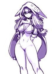 Rule 34 | 1girl, arms behind back, asymmetrical clothes, bad id, bad pixiv id, bodysuit, breasts, bursting breasts, cameltoe, character request, covered navel, female focus, hair between eyes, hood, large breasts, long hair, low twintails, monochrome, no panties, notte, purple theme, sideboob, single pantsleg, sketch, solo, twintails