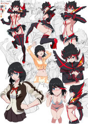 Rule 34 | 1girl, absurdres, angry, ass, black hair, blue eyes, blush, boots, breasts, cleavage, clenched teeth, high heel boots, high heels, highres, jacket, kill la kill, looking at viewer, matoi ryuuko, medium breasts, microskirt, multicolored hair, open mouth, pajamas, red hair, revealing clothes, senketsu, short hair, sideboob, skirt, solo, standing, stiletto heels, teeth, thigh boots, thighhighs, underwear