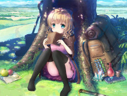 Rule 34 | 1girl, :3, apple, backpack, bag, black thighhighs, blonde hair, blush, book, closed mouth, day, food, fruit, green eyes, holding, holding book, looking at viewer, map, original, outdoors, pocket watch, psyche3313, short hair, sitting, smile, solo, sword, test tube, thighhighs, tree, tree shade, watch, weapon