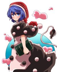 Rule 34 | 1girl, blue eyes, blue hair, blush, book, capelet, commentary, doremy sweet, dream soul, dress, hat, layered dress, looking at viewer, nightcap, pom pom (clothes), short hair, smile, solo, tail, tapir tail, touhou, yasui nori